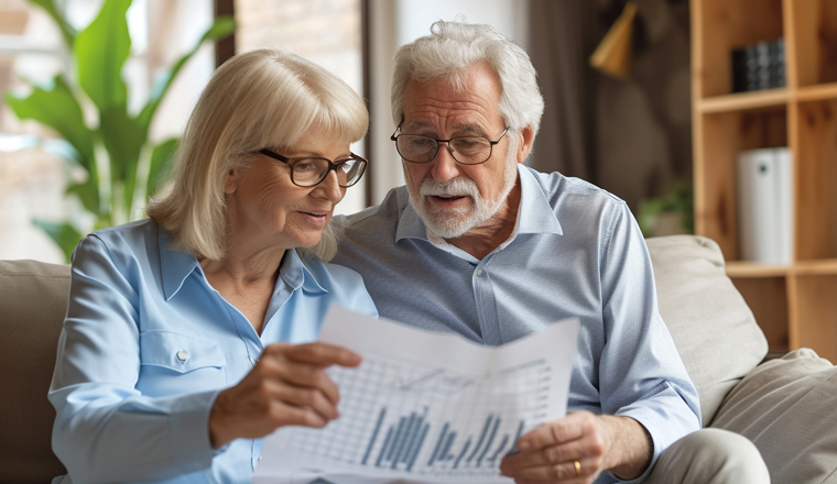 Elderly Couple with Retirement Fund Growth Chart An elderly couple reviewing a graph showing the growth of their retirement fund Ideal for pension plan advertising
