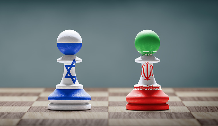 Israel and Iran conflict. Israel and Iran flags on chess pawns on a chess board. 3D illustration.
