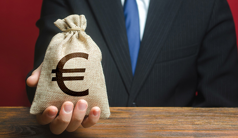 Man gives a euro money bag. Loan issuance. Financial support, leasing. Investments, financing Lobbying. Accounting and accounting, tax payment. Earnings and profits. Funding, charity. Philanthropy