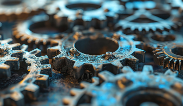  a close up view of a bunch of gears that are blue and brown with some black holes in the middle of the gears. . 