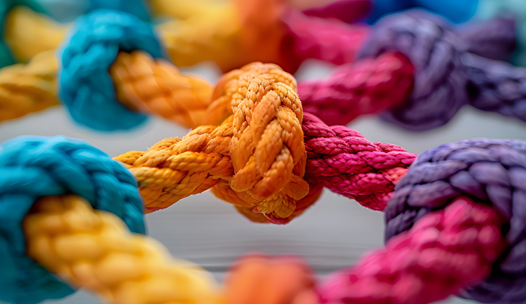 A colorful rope with knots in it. The rope is made up of different colors and is tied together in a knot