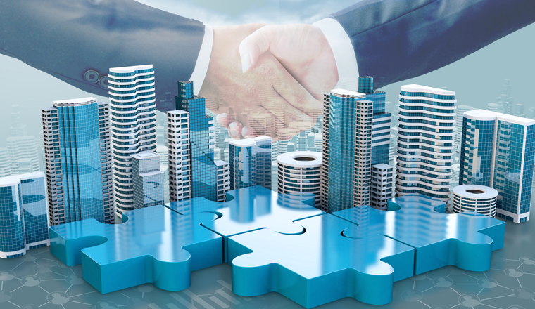 merger and acquisition business concepts, join company on puzzle pieces and handshake, 3d render