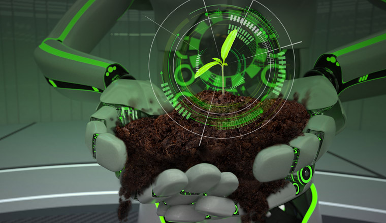 Hands of the green eco robot with soil and seedling. 3d illustration.