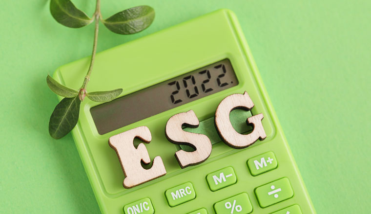 ESG. Plans for 2022 written on green calculator. Fresh Plant, Green calculator on green background. Environmental, Social, Corporate Governance.
