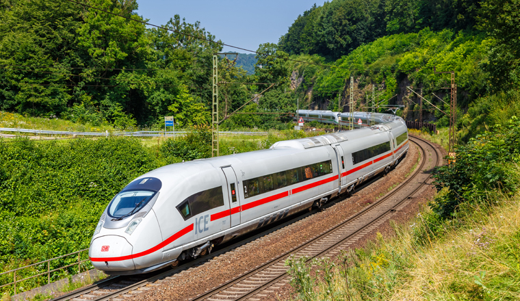 Amstetten, Germany - July 21, 2021: ICE 3 high-speed train of Deutsche Bahn on Geislinger Steige near Amstetten, Germany.