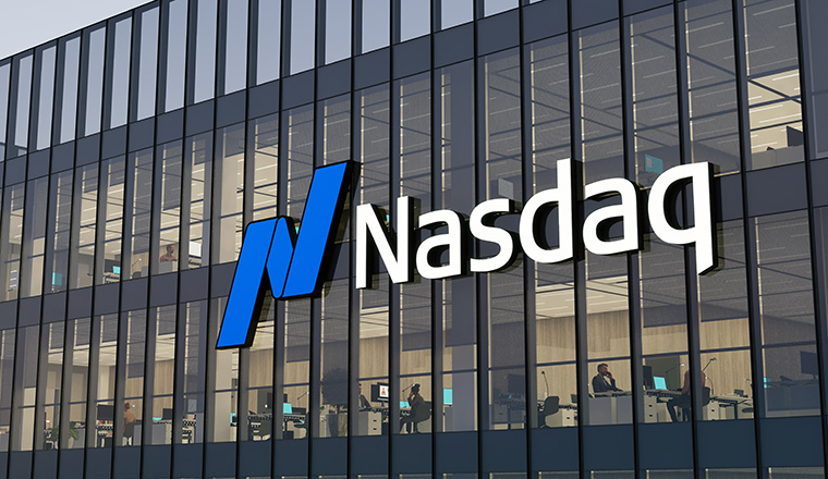 New York, NY, USA. May 2, 2022. Editorial Use Only, 3D CGI. Nasdaq Signage Logo on Top of Glass Building. Workplace Financial Services Company Office Headquarters.