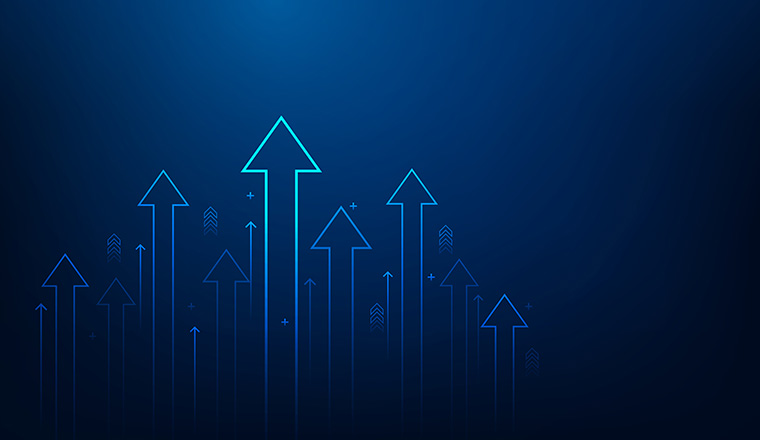 business arrow up growth line circuit technology on dark blue background. business investment to success. financial data graph strategy.market chart profit money. vector illustration hi-tech.