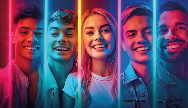 collage of young people in neon colors, ai generated