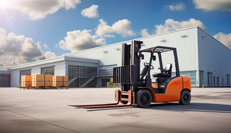 A forklift truck in front of a blurred warehouse at a sunny day and clouds in the sky in the background - Generative AI