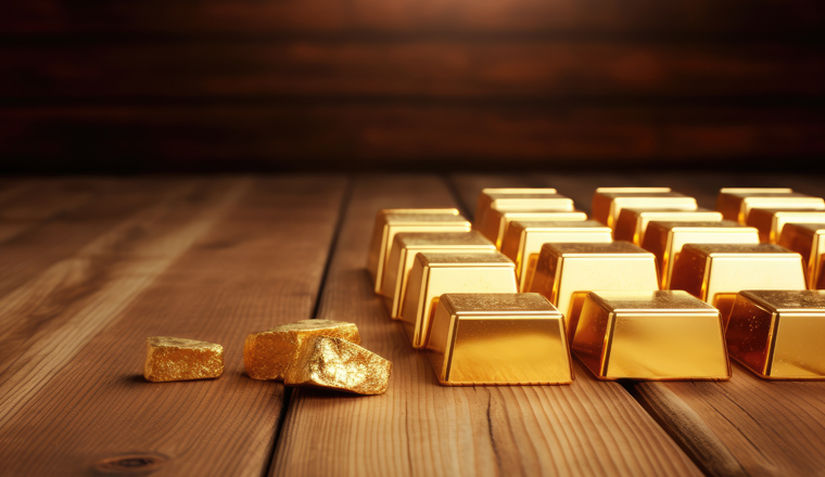 A collection of gold bars placed on a wooden table, Shiny and glowing gold bars placed on a wooden surface, AI Generated
