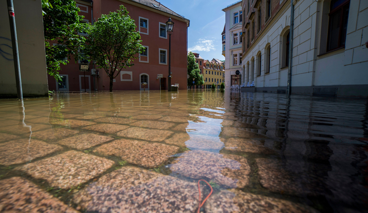 Meissen, Germany - June 05, 2013: View of a street in Meissen during the 2013 floods