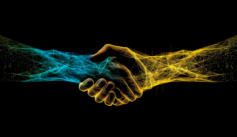 a handshake of two digital hands, generative AI