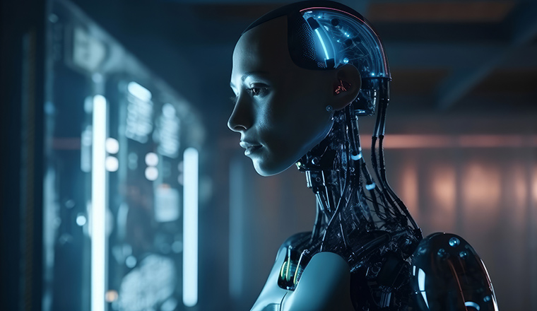 Generative AI humanoid robot or cyborg working in artificial intelligence room