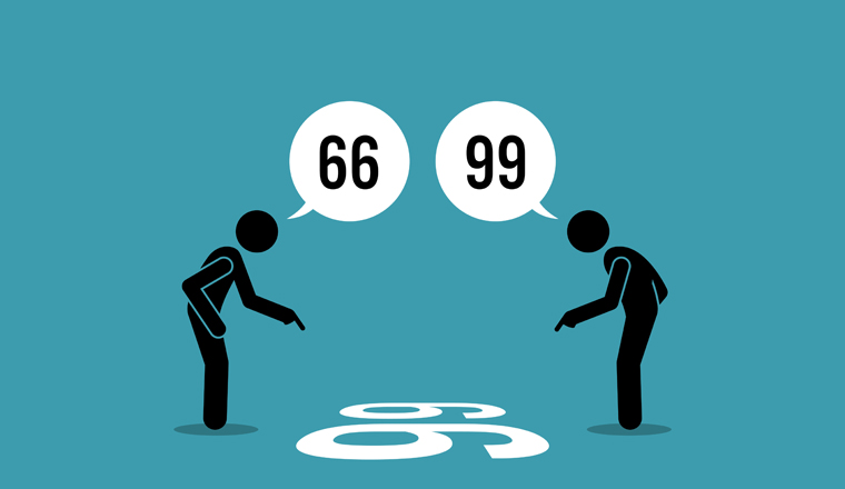 Two person arguing the number on the floor weather it is 66 or 99. Vector illustration depict concept of point of view, viewpoint, different perception perspective, silly argument, and disagreement.