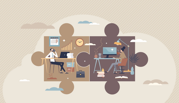 Hybrid work with part time job from home and office tiny person concept. Scheduled workspace location for flexibility and efficiency vector illustration. Productive distant workplace as jigsaw puzzle.