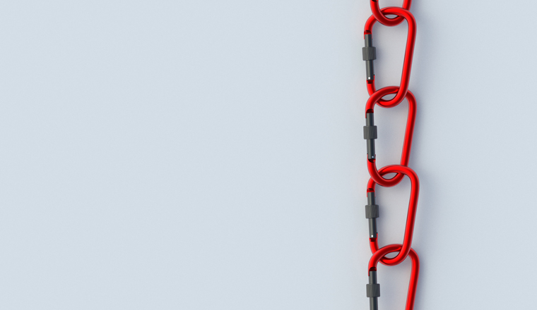 Chain made from red carabiners. Carabines for mountaineering. Accessory for extreme sports. Work on high altitude. Top view. Copy space. 3d render