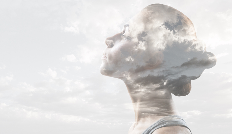Multiple exposure clouds Woman mental health and weather dependent concept.