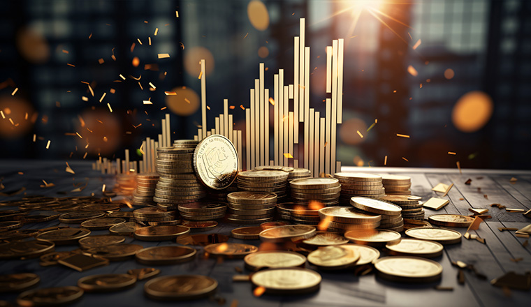 Economic crisis, financial background. Double exposure of Coins and US dollars bank note currency with financial graph chart falling due to global economic recession, stock market crash, inflation