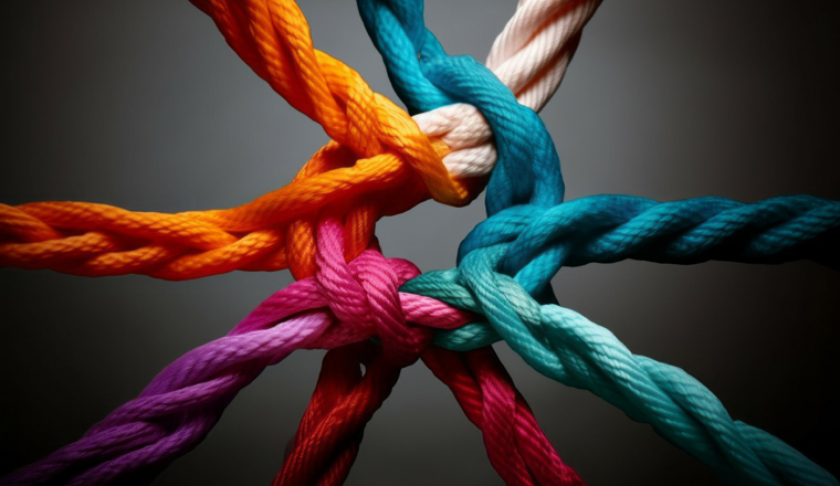 Different ropes are woven into a knot. Teamwork concept. Background with selective focus and copy space for text