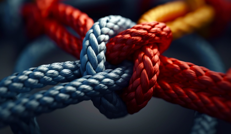 Close up of rope with knot in the middle of it.