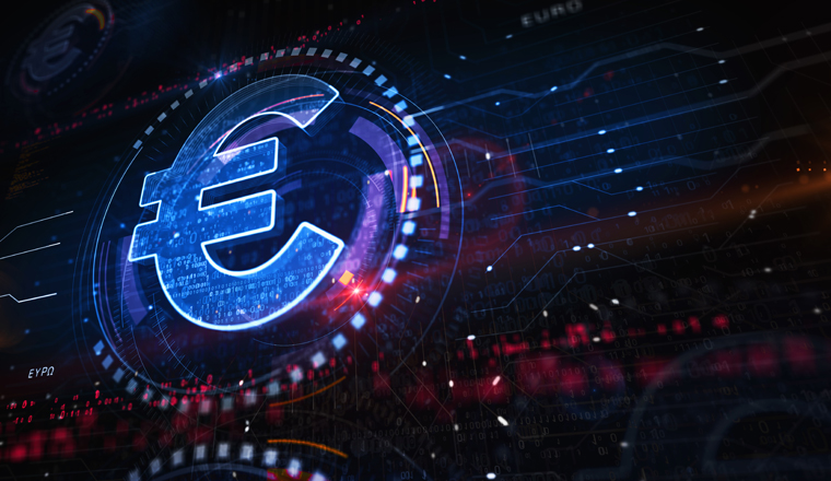 Euro stablecoin currency business and digital money symbol digital concept. Network, cyber technology and computer background abstract 3d illustration.