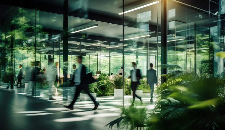 Green, sustainable and environmental office space with daily employee rush. Modern and nature friendly startup business with ESG standards and care for worker wellness and healthy environment.