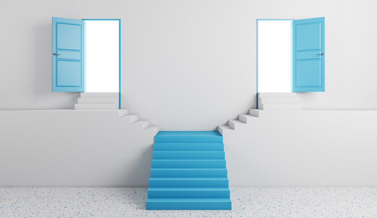 Abstract blue staircase with two open doors in concrete interior. Success, way and opportunity concept. 3D Rendering
