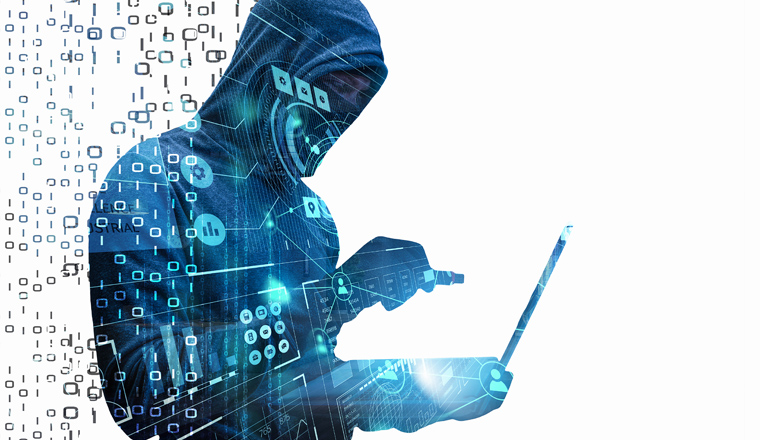 Double exposure of hacker man working on laptop on white background