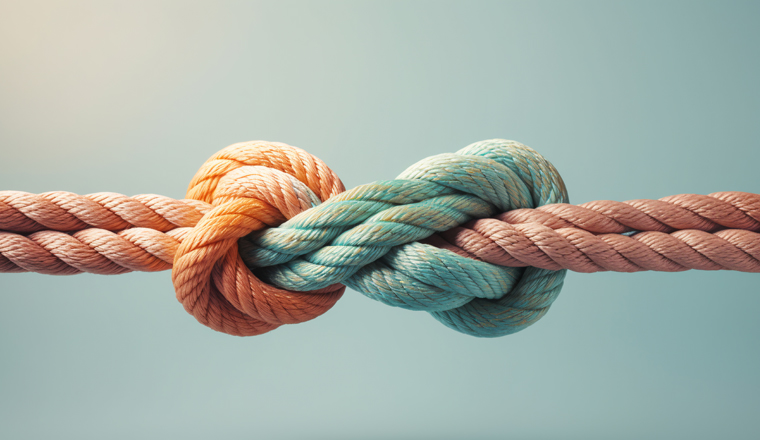 two ropes of different colors tied into a knot, pastel background. ai generative