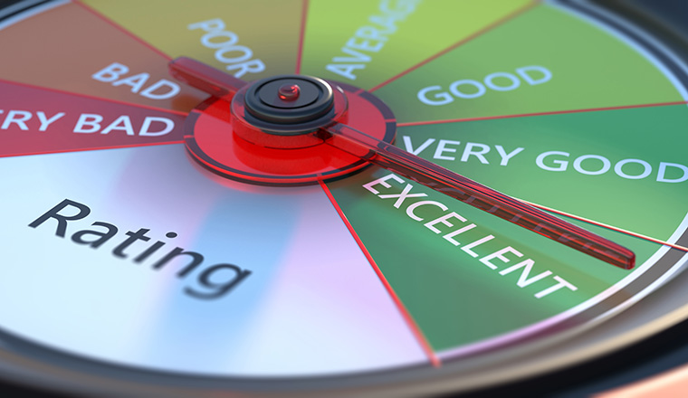 Rating classification. Performance review, car dashboard speedometer, close up view. 3d illustration