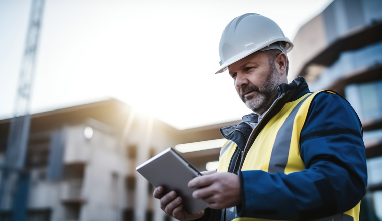 Smart Construction Project management system concept, Engineer using a digital tablet on a construction site.