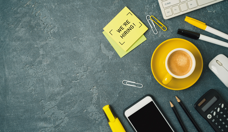 Job recruit concept with office desk. Business background. Top view from above