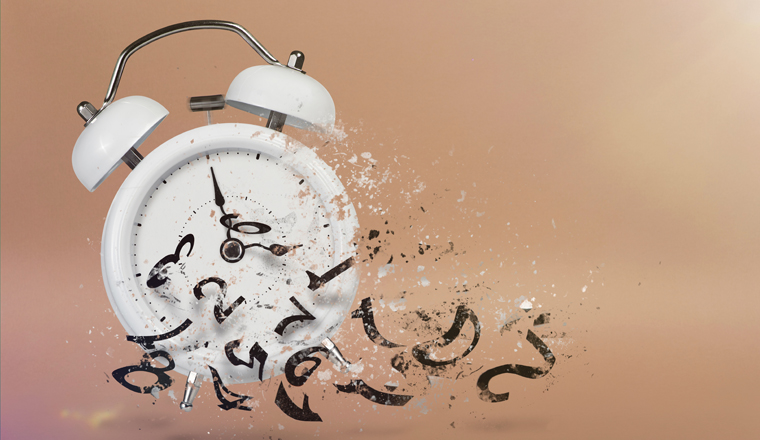 Time is running out. White alarm clock with flying numbers as a symbol of lost time. The concept of time is running out, loss or lack of time, an alarm clock with numbers shatters into small pieces