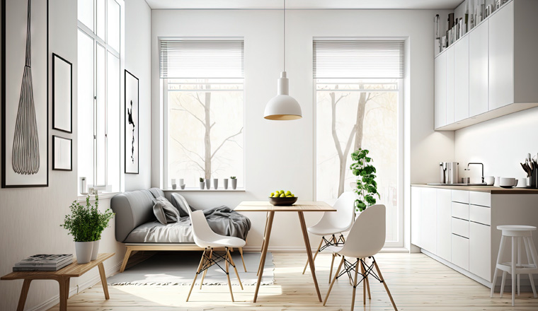 Contemporary minimalist style interior design of light studio apartment with wooden table and chairs in dining zone between open kitchen and living room with white walls and parquet floor. Generative AI