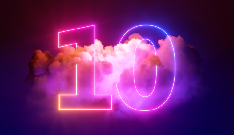 3d render, neon linear number ten and colorful cloud glowing with pink blue neon light, abstract fantasy background