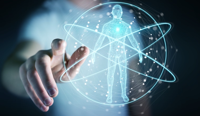 Businessman on blurred background using digital x-ray human body scan interface 3D rendering