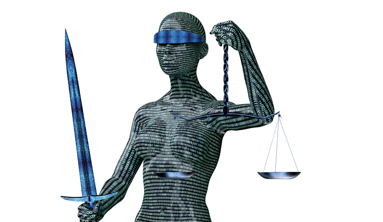legal computer judge concept, lady justice isolated on white, 3D illustration.