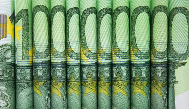 stacked one hundred euro bills - european money