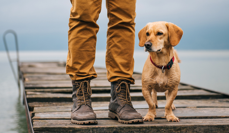 Man and his dog standing on dock