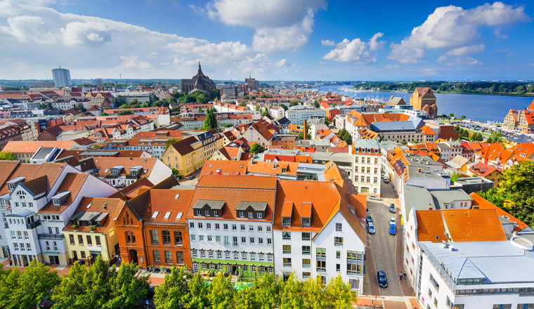 Rostock, Germany old city skyline.