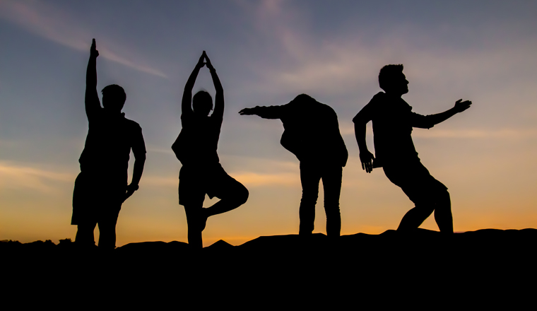 Silhouette of people posting during sunset