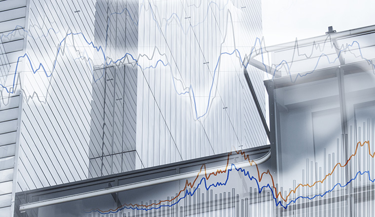 Finanzen Euro, Börsencharts und Hochhäuser, Panorama, Hintergrund