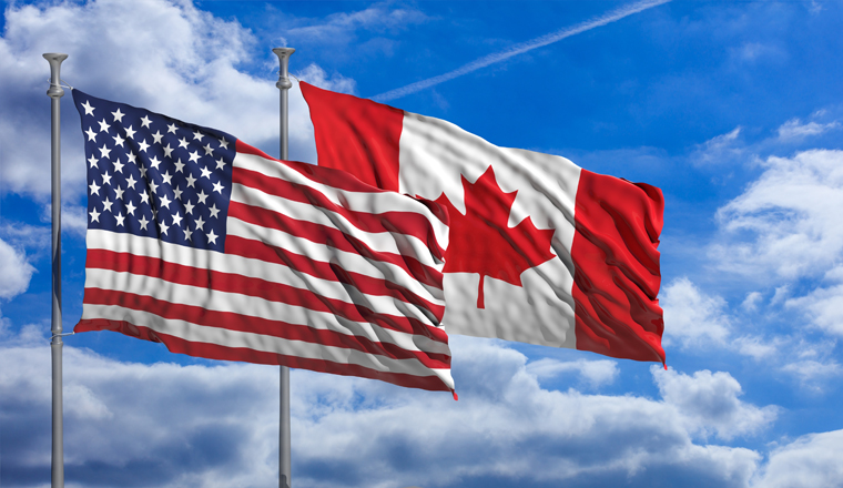 USA and Canada waving flags on blue sky background . 3d illustration