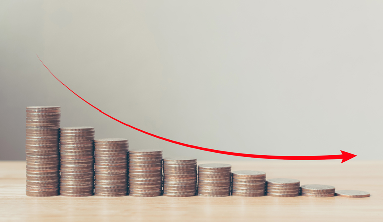 Coin stack step down graph with red arrow, Risk management business financial and investment, Copy space