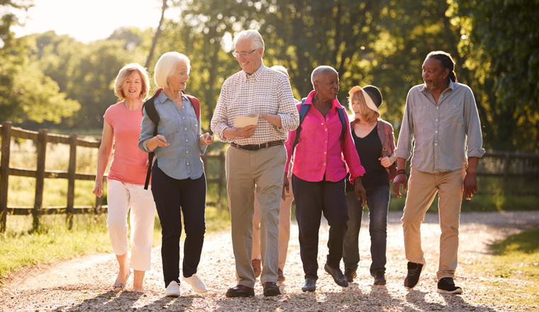 Group Of Senior Friends Hiking In Countryside