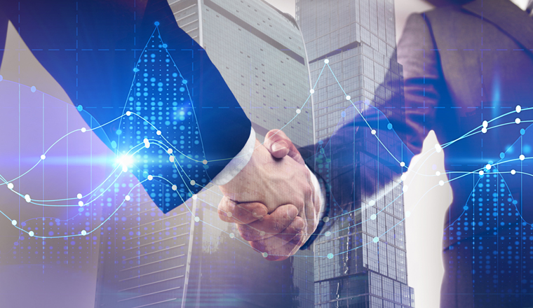 FALC und vereinbaren strategische Partnerschaft Side view of handshake with business chart on abstract background. Teamwork, finance and forex concept. Double exposure