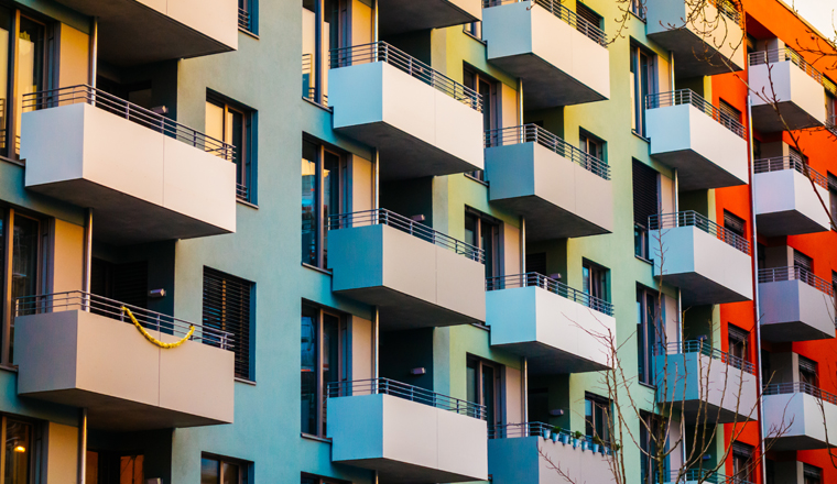 colorful apartment building with block formed balcony