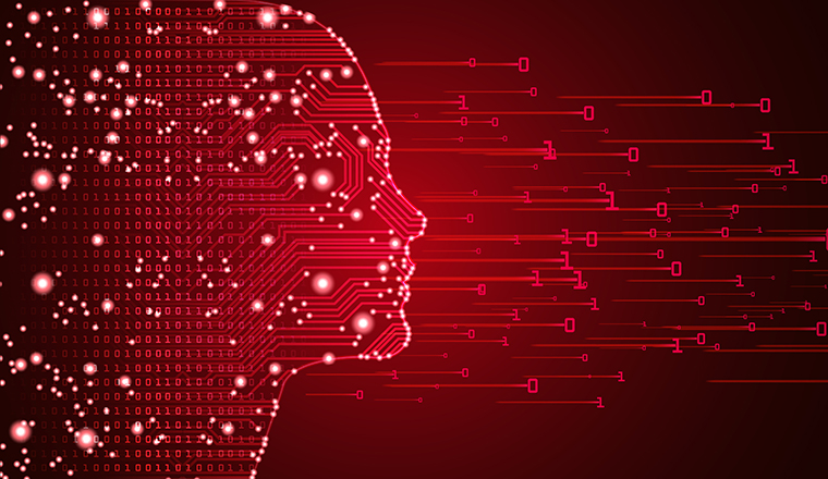 Big data and artificial intelligence concept. Machine learning and cyber mind domination concept in form of women face outline outline with circuit board and binary data flow on red background.