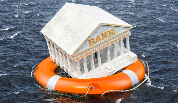 Financial protect from bank failure. Lifebuoy with bank building swimming in the water. 3D rendering