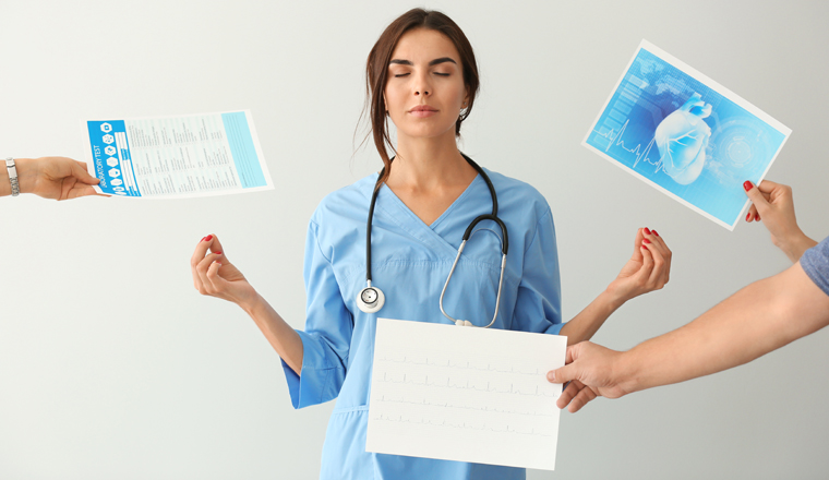 Female nurse with lot of work meditating on light background